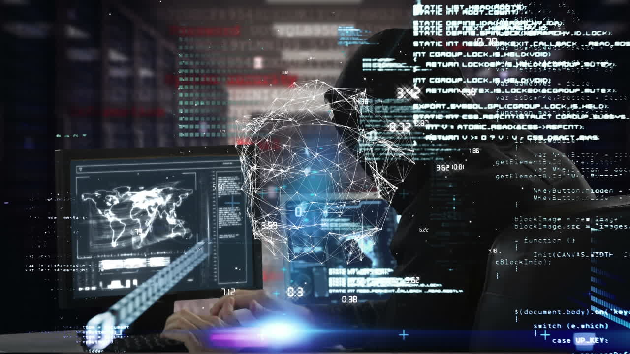 Animation of interface showing data and network with hooded hacker using computer in server room