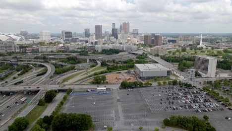 Atlanta,-Georgia-skyline-and-Georgia-state-capitol-building-with-drone-video-wide-shot-moving-in