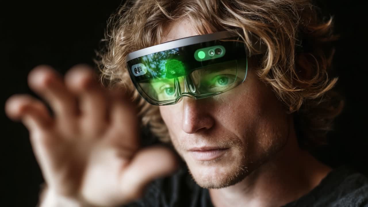 A Close-Up of a Man Engaged with Augmented Reality Glasses, Showcasing Innovation and Interaction with Digital Elements Through His Hand Gesture