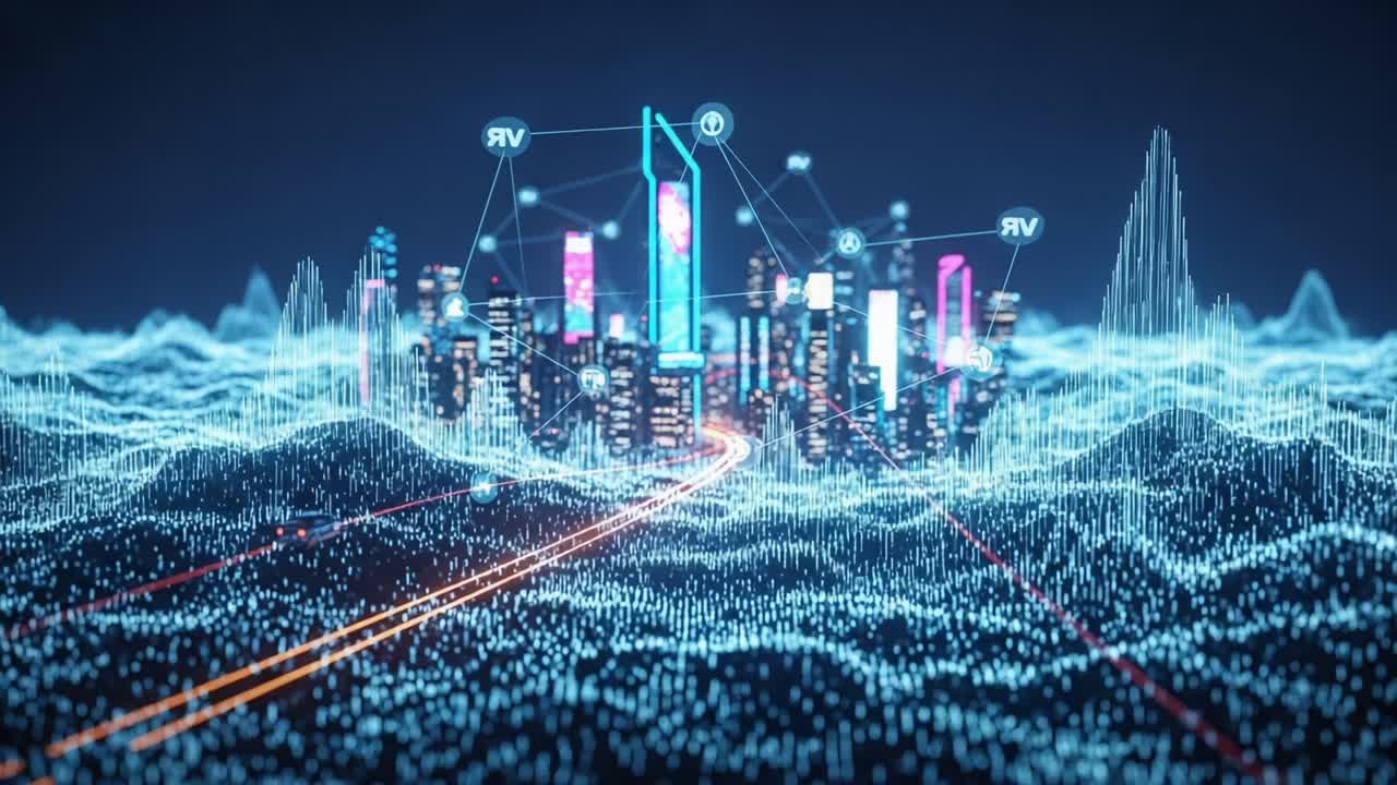 Futuristic Urban Landscape with Digital Connectivity: A Stunning Visualization of a City Emerging from a Sea of Data and Technology Representations
