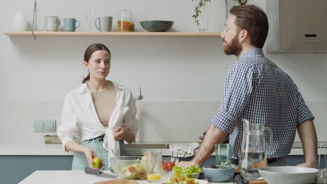 Cheerful-Couple-Standing-And-Chatting-In-A-Modern-Style-Kitchen