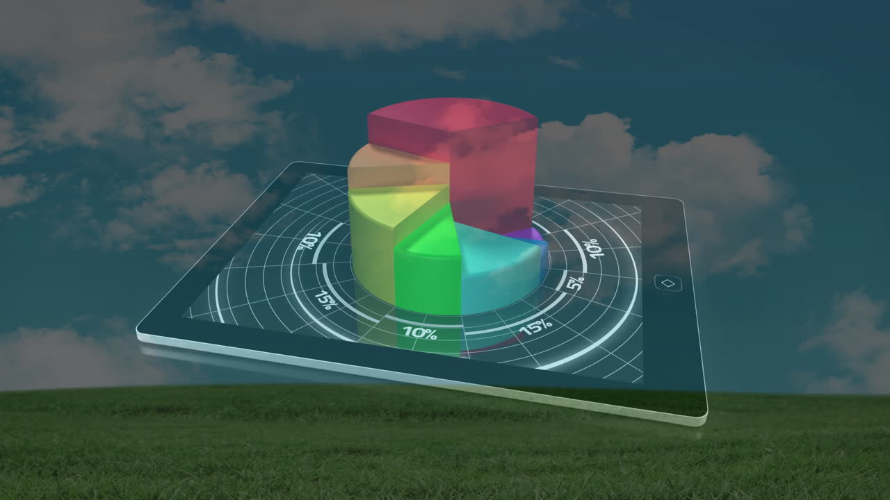 3d 파이 차트 애니메이션: 잔디  배경의 태블릿 위에서