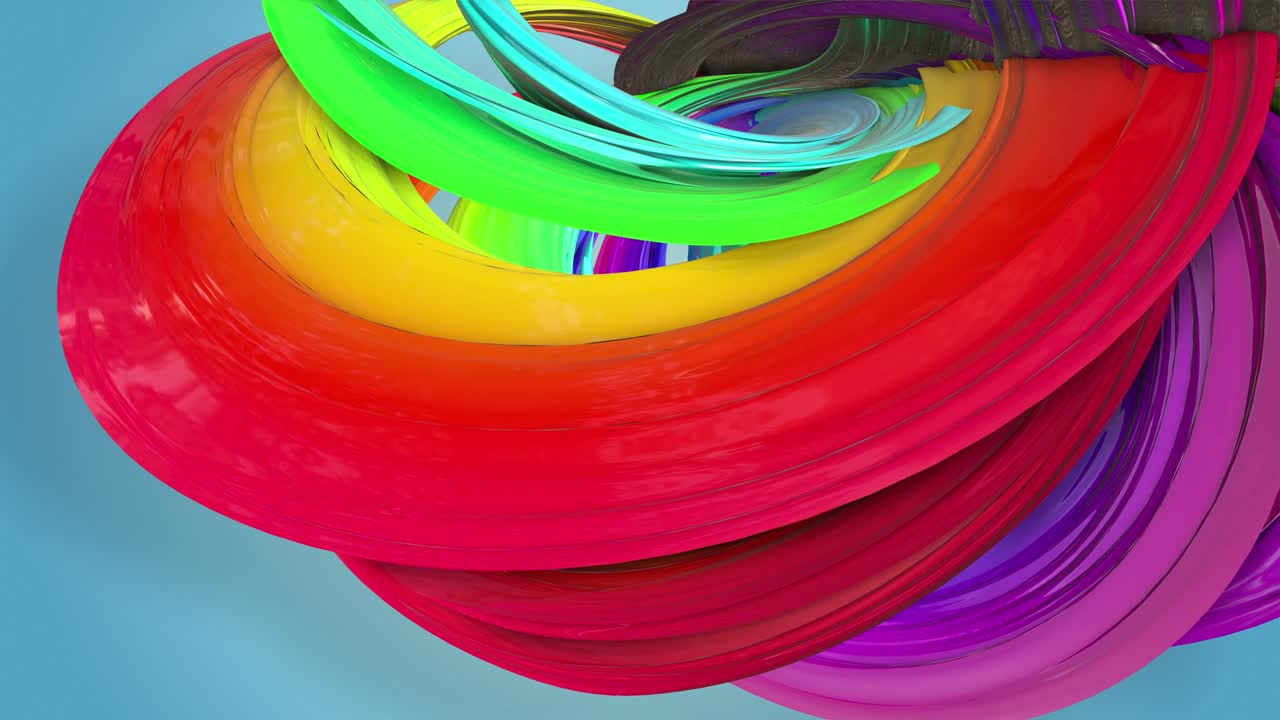 다채로운 리본을 가진 추상적인 무 은 배경: 무지개 줄무는 원으로 움직이고 휘어집니다.