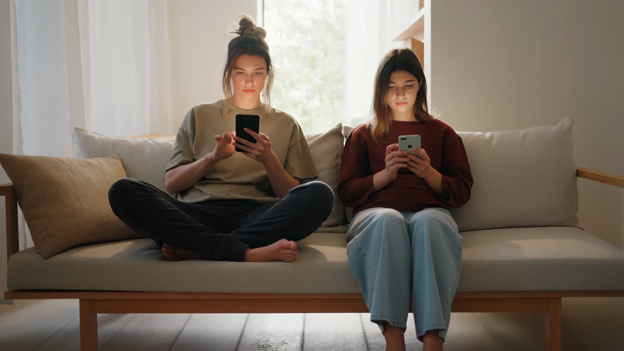 Two women focused on their smartphones while sitting on a couch