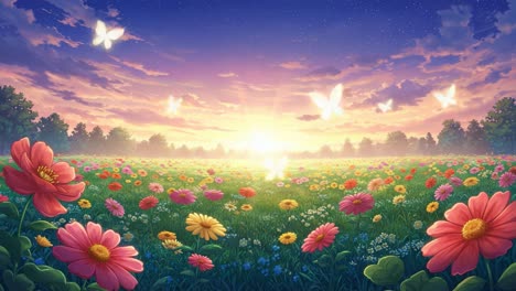 a breathtaking sunrise over a vibrant flower field filled with colorful blooms and graceful butterflies dancing amidst the morning light and whispers of nature