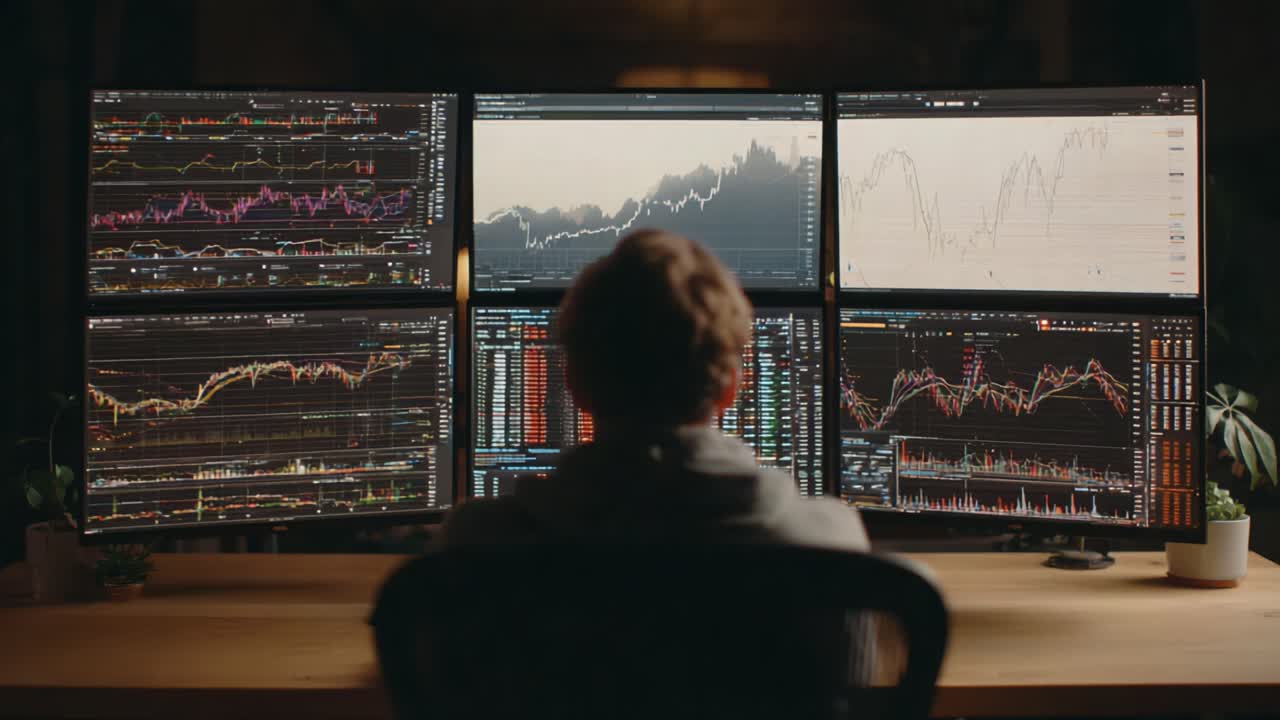 Focused Analysis: A Trader Analyzing Multiple Stock Market Charts and Data on Multiple Monitors in a Darkened Workspace