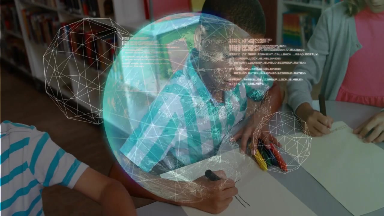 Kids drawing at table, camera panning revealing data globe overlaying papers and markers for STEM