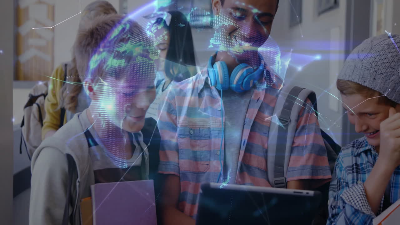 Smiling teenagers in school viewing tablet with holographic globe animation overlay