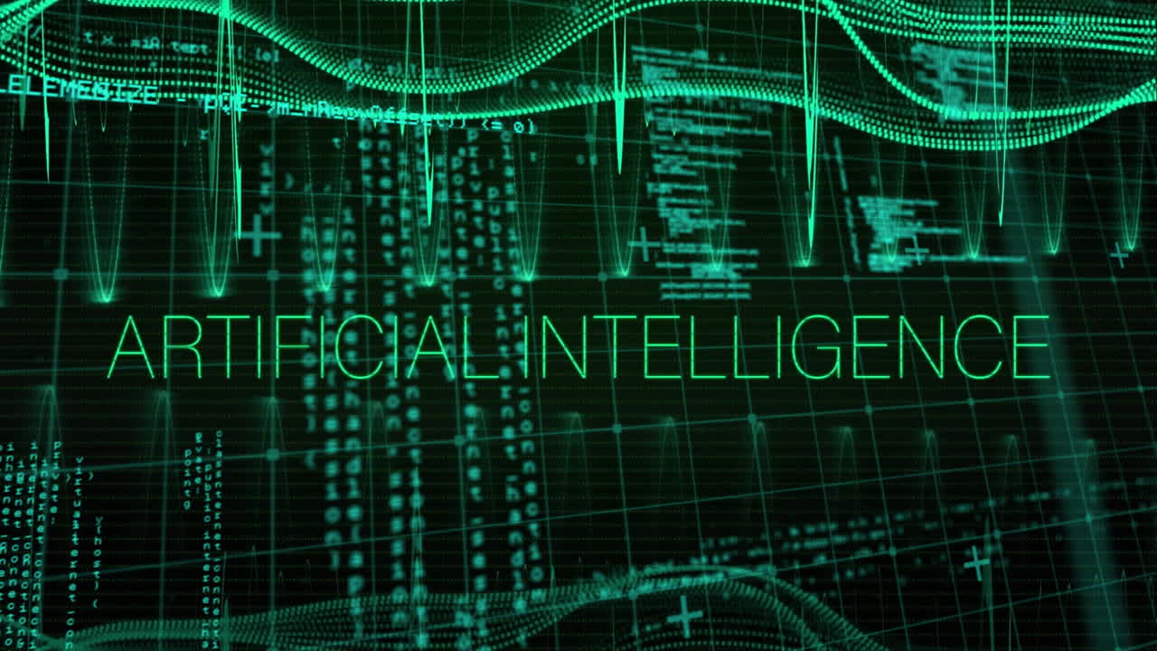 Animation of artificial intelligence text with data processing over dark background