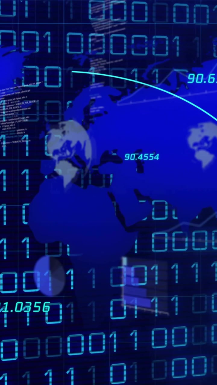 Animation of world map over data processing and binary coding on black background
