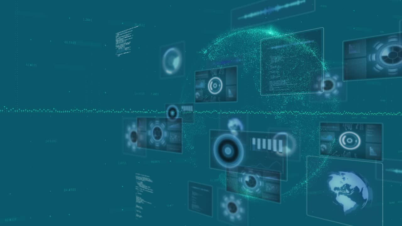 Animation of data processing and globe on blue background