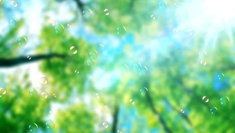 burbujas de jabón flotando en el fondo de la naturaleza verde bajo el cielo azul con rayos de sol luz, soplador de burbujas