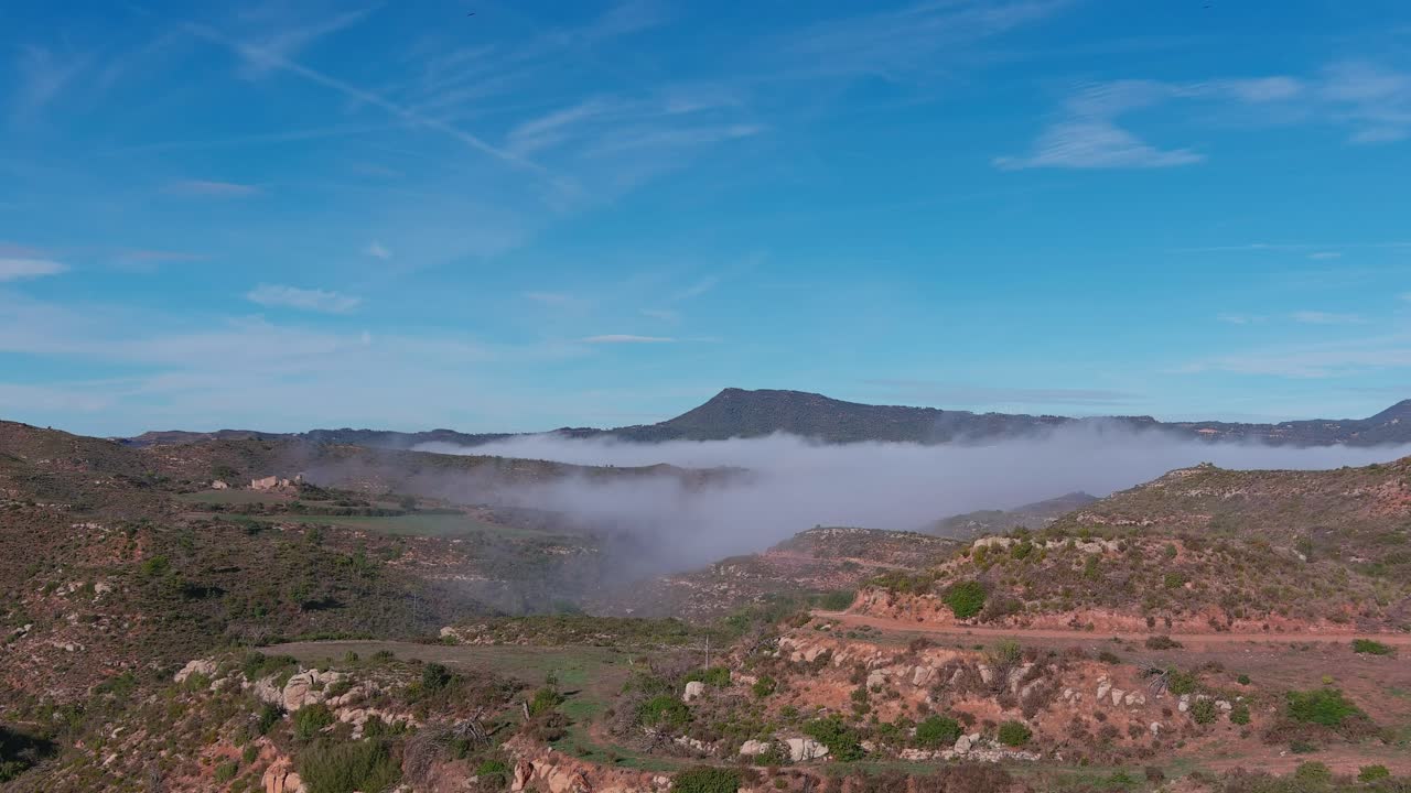 vista aérea del bosque de las cruces cerca de montserrat en un día soleado, cataluña