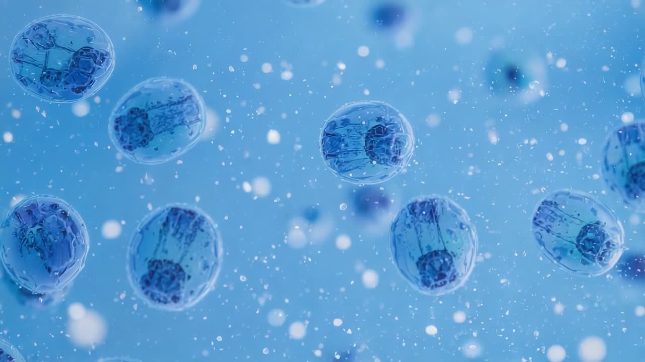 Drifting capsules entering microfluidic fluid revealing grid with swirling white particulates