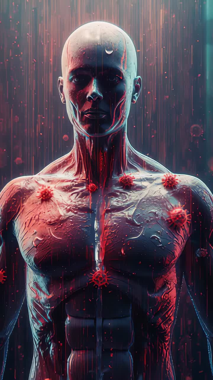 Vertical video: Drifting in red spikes coating bare chest model in lab clumping around glow channel