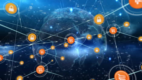 animación de la red de conexiones con iconos en todo el mundo sobre fondo azul