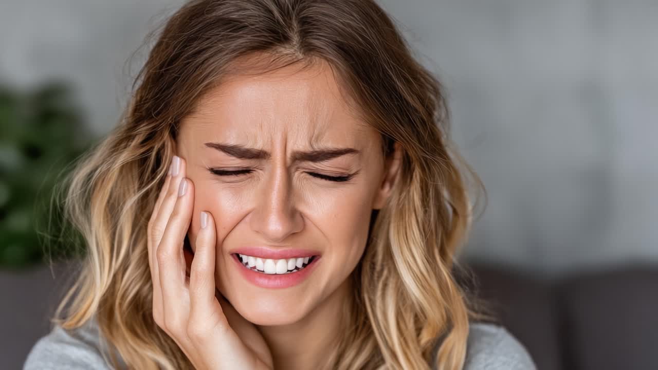 A woman expressing discomfort and pain, showcasing emotional struggle and physical distress through facial expressions in a relatable moment of agony