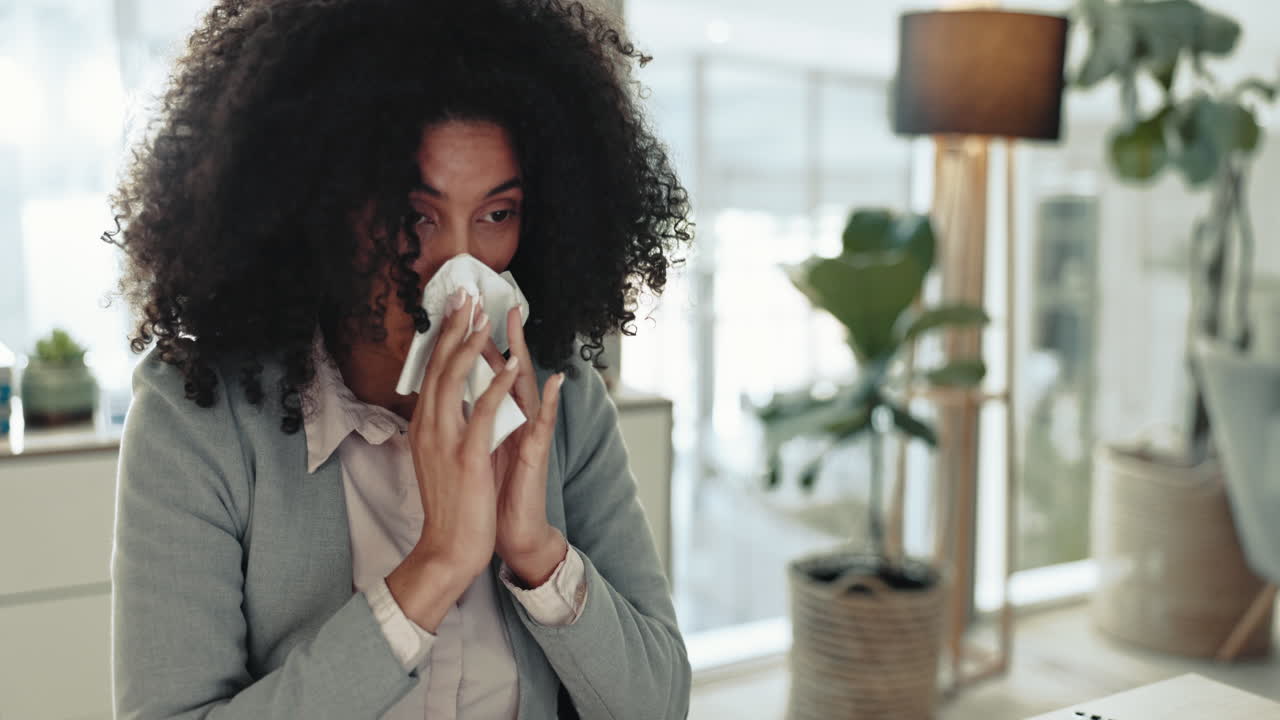 mujer de negocios enferma, estornuda