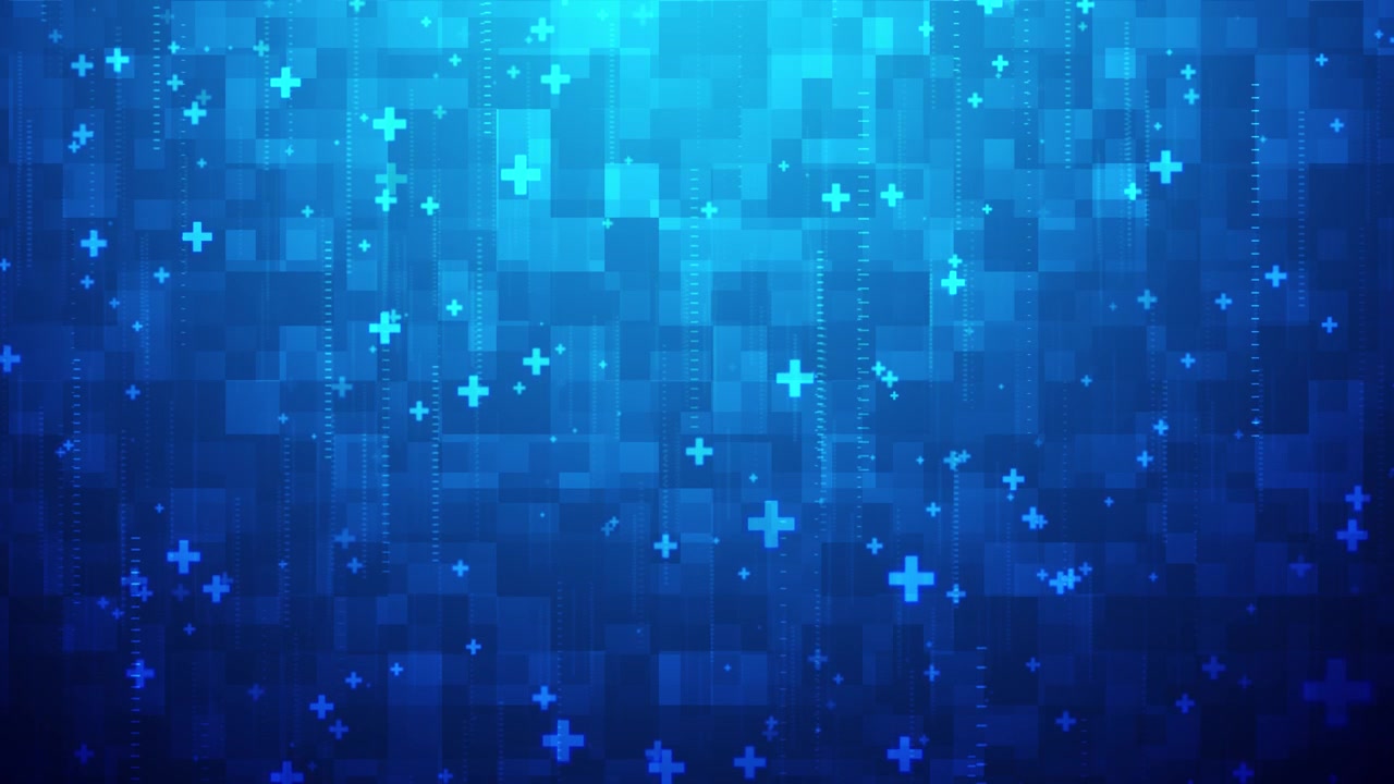 Healthcare plus tech background blue glowing crosses digital blocks falling lines modern medical