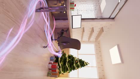 oficina en casa moderna con una computadora y decoraciones de navidad - diseño de interiores 3d vertical