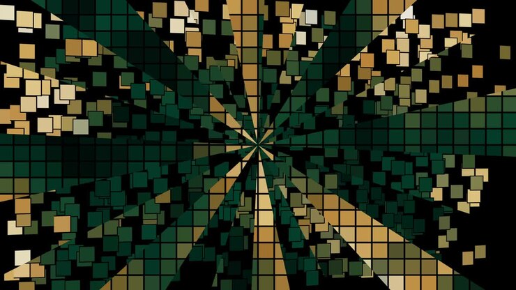 Goldgrüner abstrakter Hintergrund. Animation schwebender Pixel, in Segmente unterteilt