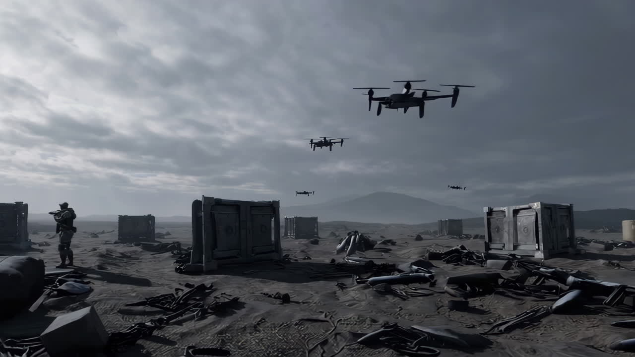 Futuristic surveillance and control: Drones over desolate landscapes and high-tech command centers