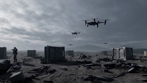 futuristic surveillance and control: drones over desolate landscapes and high-tech command centers
