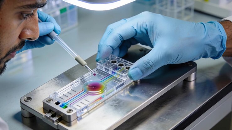 Pressing pipette gloved researcher loading droplet into microfluidic chip at bench, observing flow