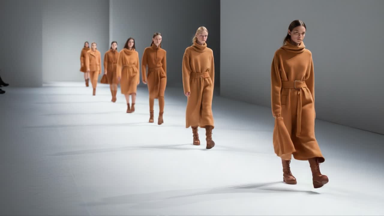 Elegant Fashion Showcase Featuring Models in Warm Toned Knitwear on a Minimalist Runway, Highlighting Modern Styles and Sophisticated Designs at a High-End Event