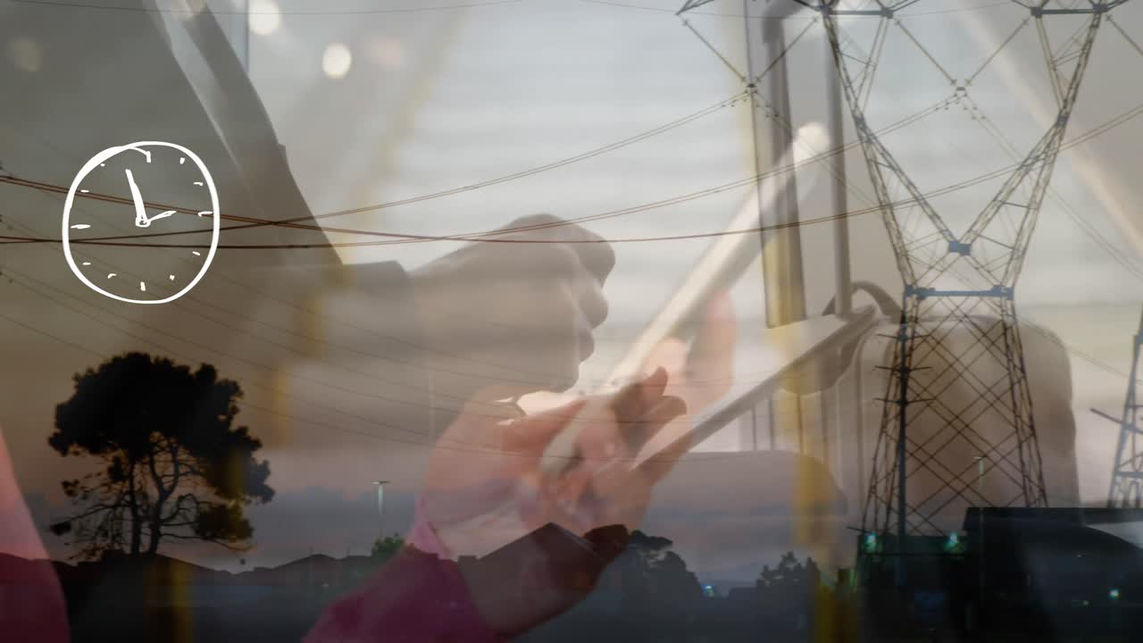 animación de reloj sobre hombre de negocios usando tableta y pilares de electricidad.