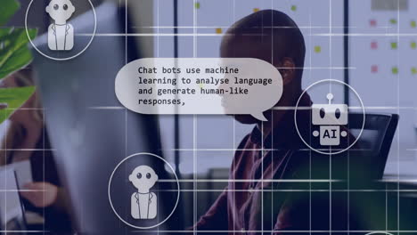 animation of ai text, chat bot and data processing over african american man
