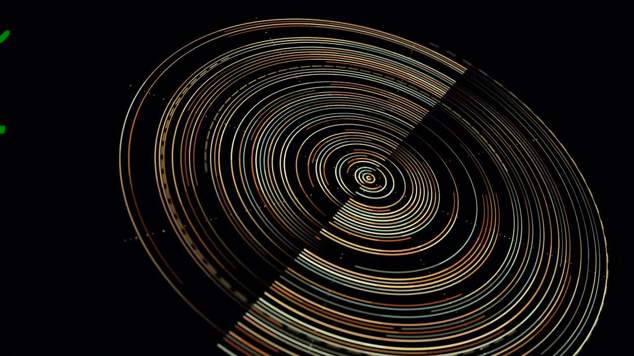 Disc shaped graphic object with internal lines. Animation. Abstract circle that rotates in the center in a clockwise direction on black background, seamless loop