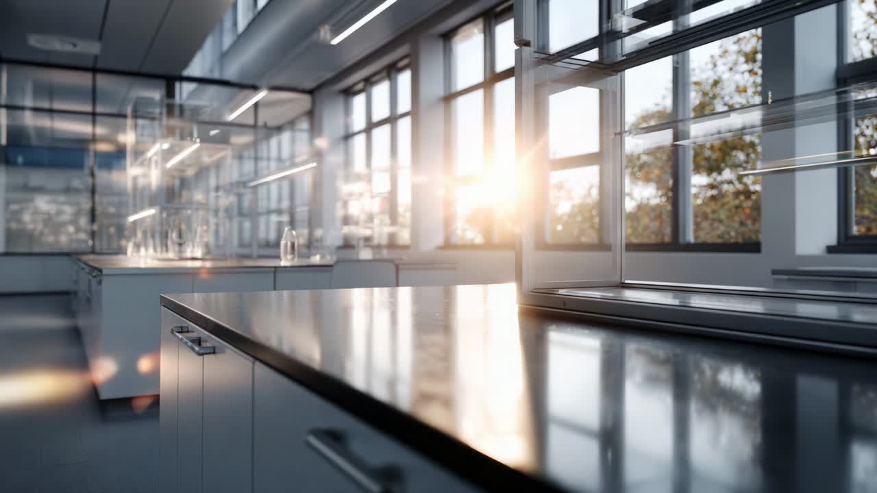 Modern Laboratory Interior Showcasing Bright Natural Light Through Large Windows, Highlighting Sleek Surfaces, Glass Equipment, and a Clean, Organized Workspace for Scientific Research and Experiments