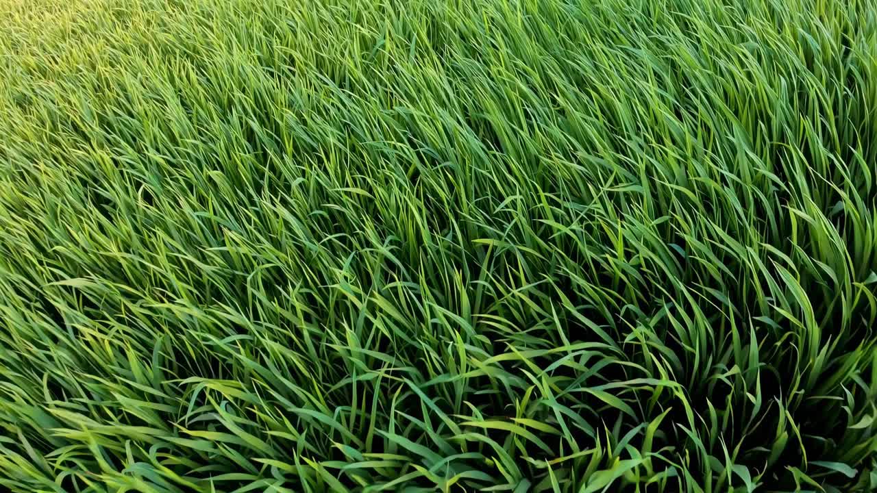 Lush green grass captured from a high-angle view, showcasing vibrant textures