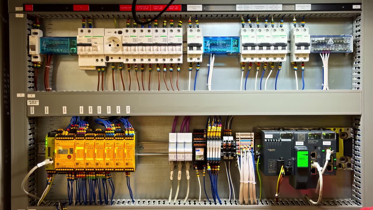 Industrial electrical control cabinet with PLC modules, breakers, relays, and neatly wired components inside an automation panel for factory control systems