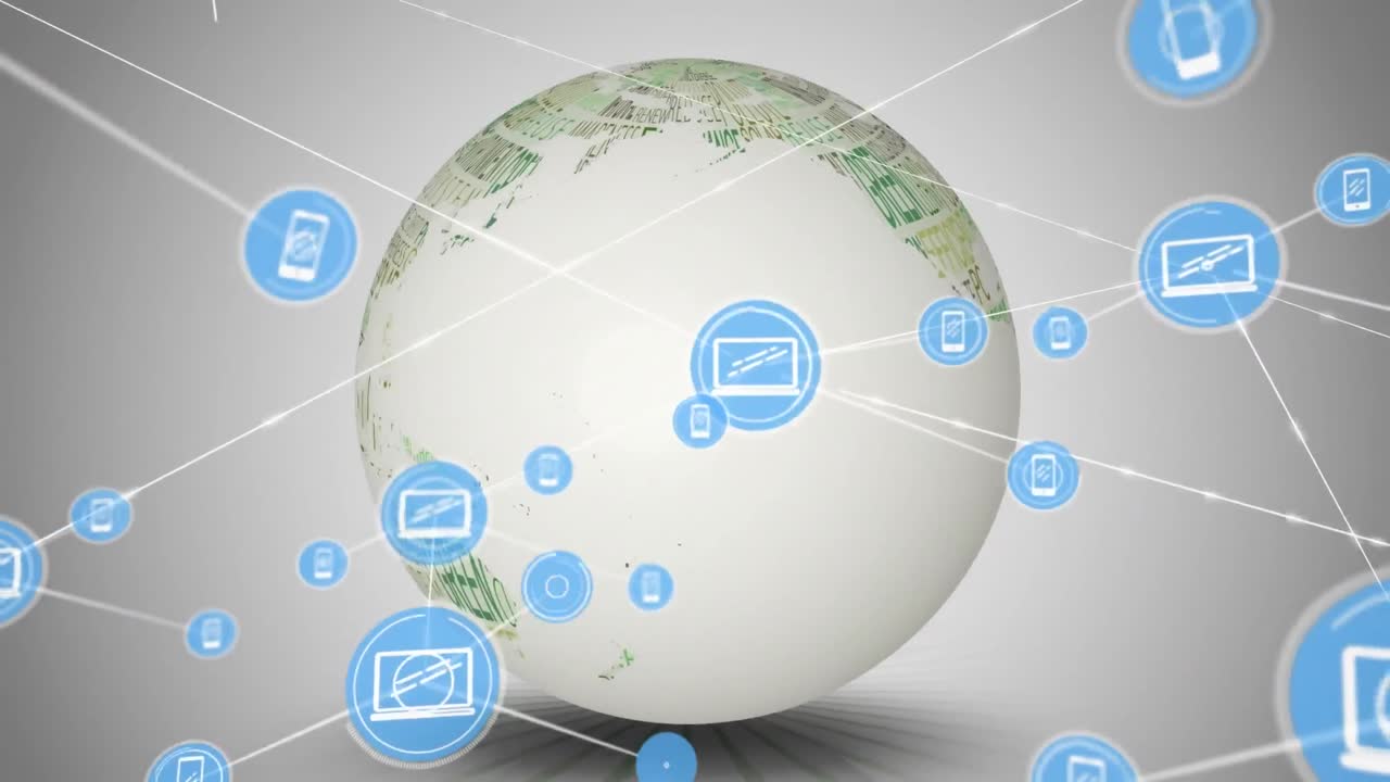 animación de iconos de portátiles y teléfonos conectados, globo con texto giratorio sobre fondo blanco