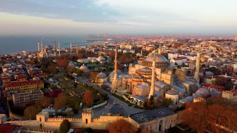 aerial view of topkapi palace, hagia sophia mosque and the blue mosque (sultanahmet) in istanbul. footage in turkey