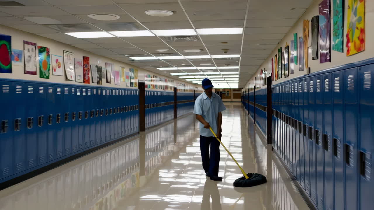 School Custodian Cleaning Hallway