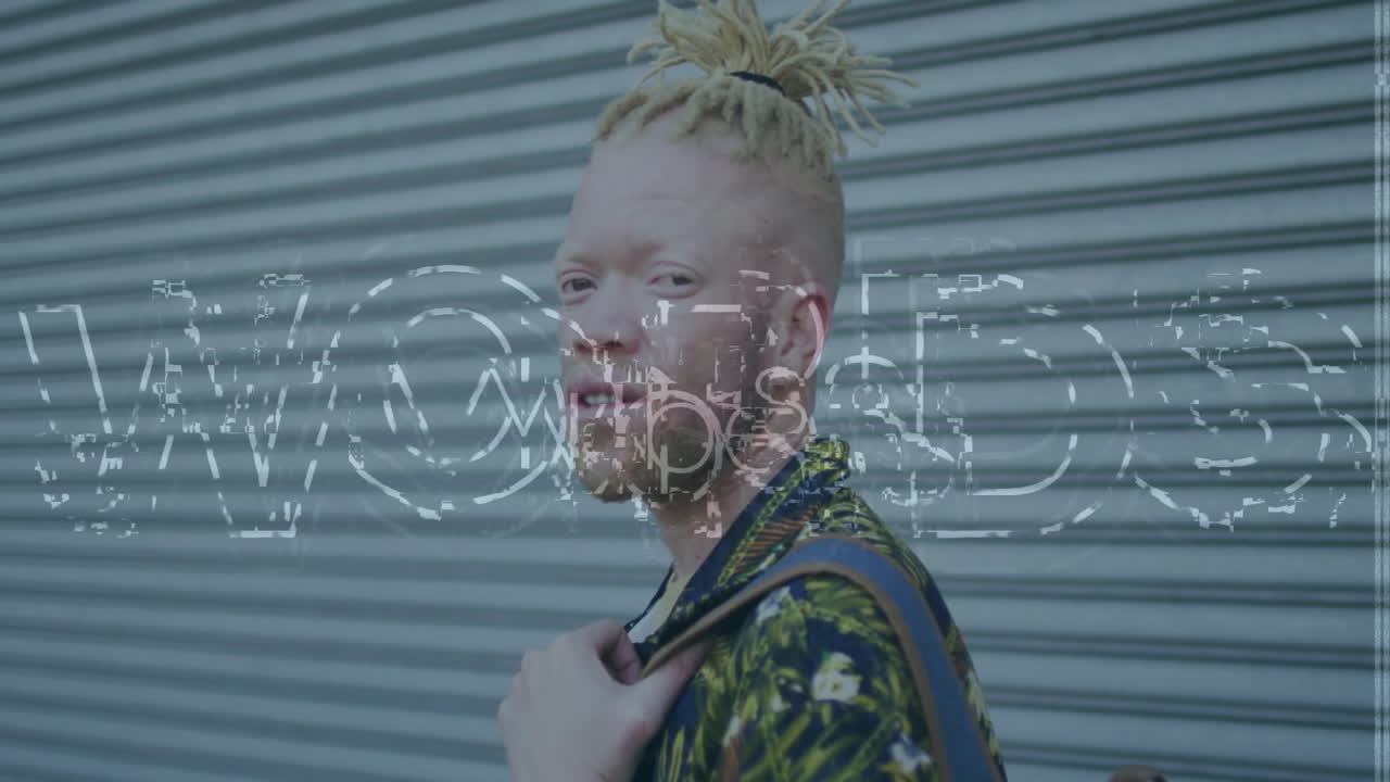 Walking past corrugated metal wall, person with unique hairstyle in animation