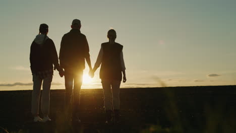 familia disfrutando de la puesta de sol en un campo