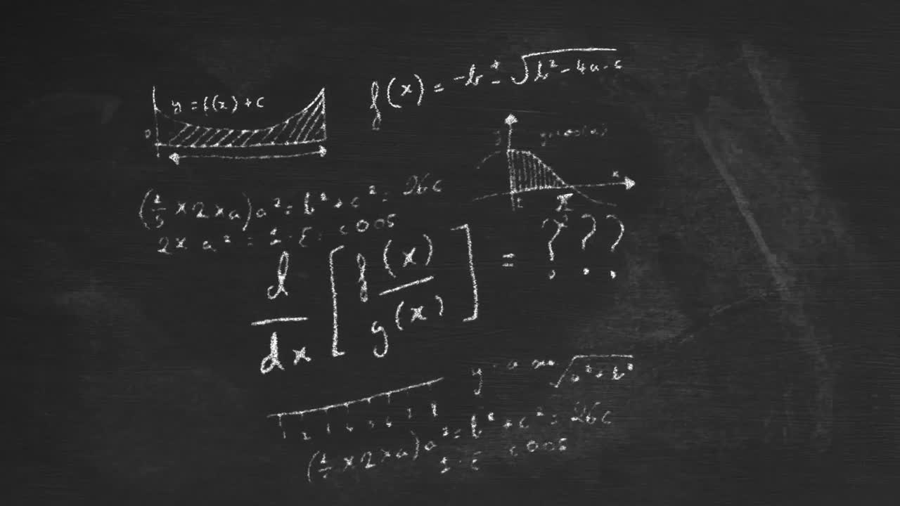 animación de fórmulas matemáticas que se mueven en el fondo de la pizarra negra