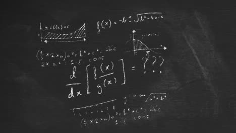 Animation-of-mathematical-formulae-moving-on-black-chalkboard-background