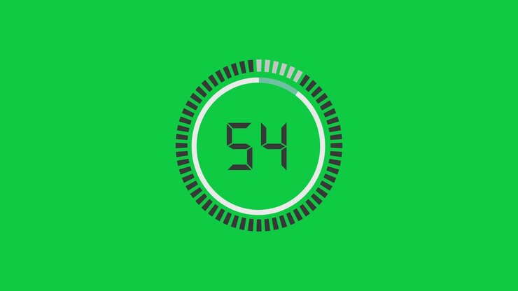 Countdown animation. A clock counts down from 60 seconds to zero. Chroma key. Time video