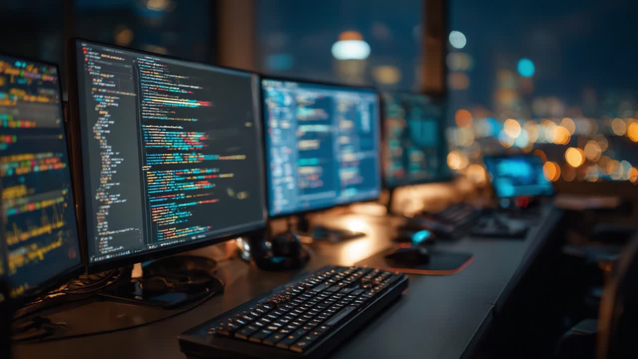 Nighttime Coding Environment: Immersive Workspace with Multiple Monitors Displaying Colorful Code and Cityscape Background