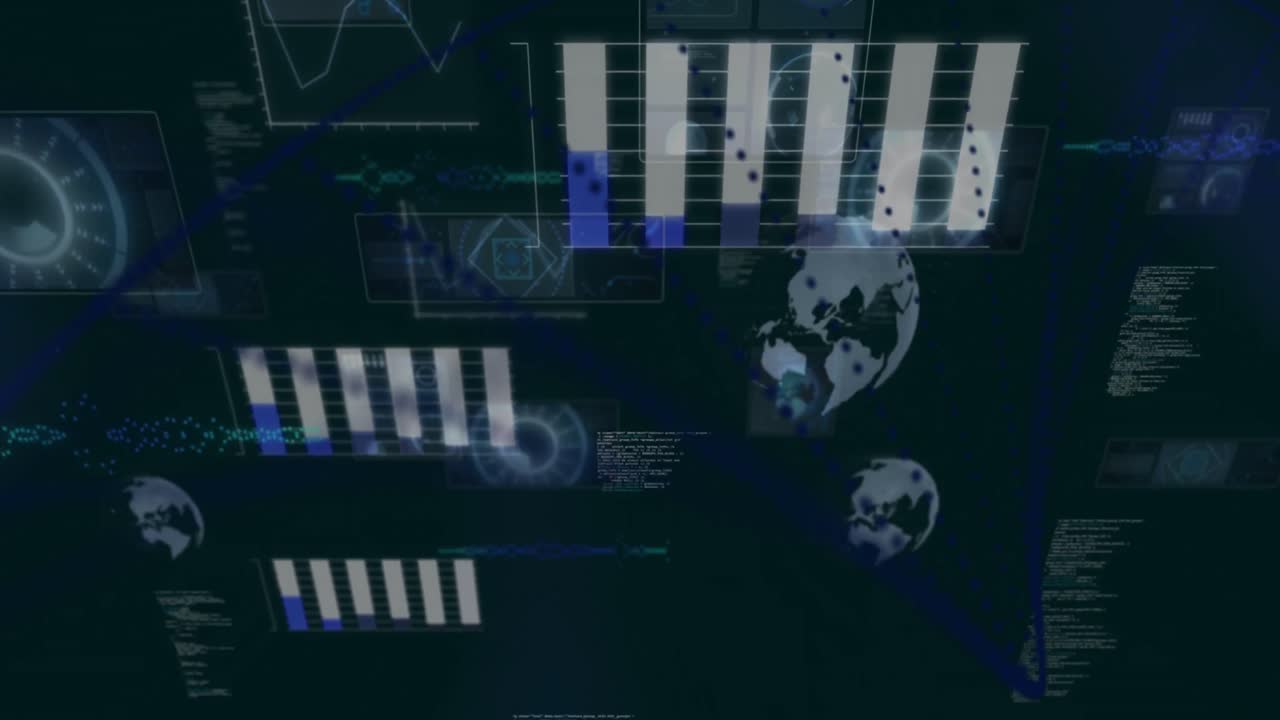 스캐닝 서클, 그래프, 글로브 및 프로그래밍 언어로 움직이는 화면의 애니메이션