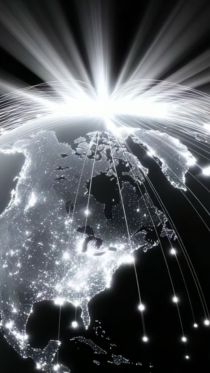 Uma representação cativante da América do Norte iluminada por padrões de luz dinâmicos, mostrando a conectividade e os avanços tecnológicos em uma atmosfera elegantemente escura