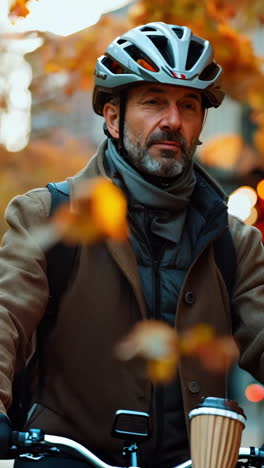 a man wearing a helmet and a brown coat is walking down a street with a cup in his hand