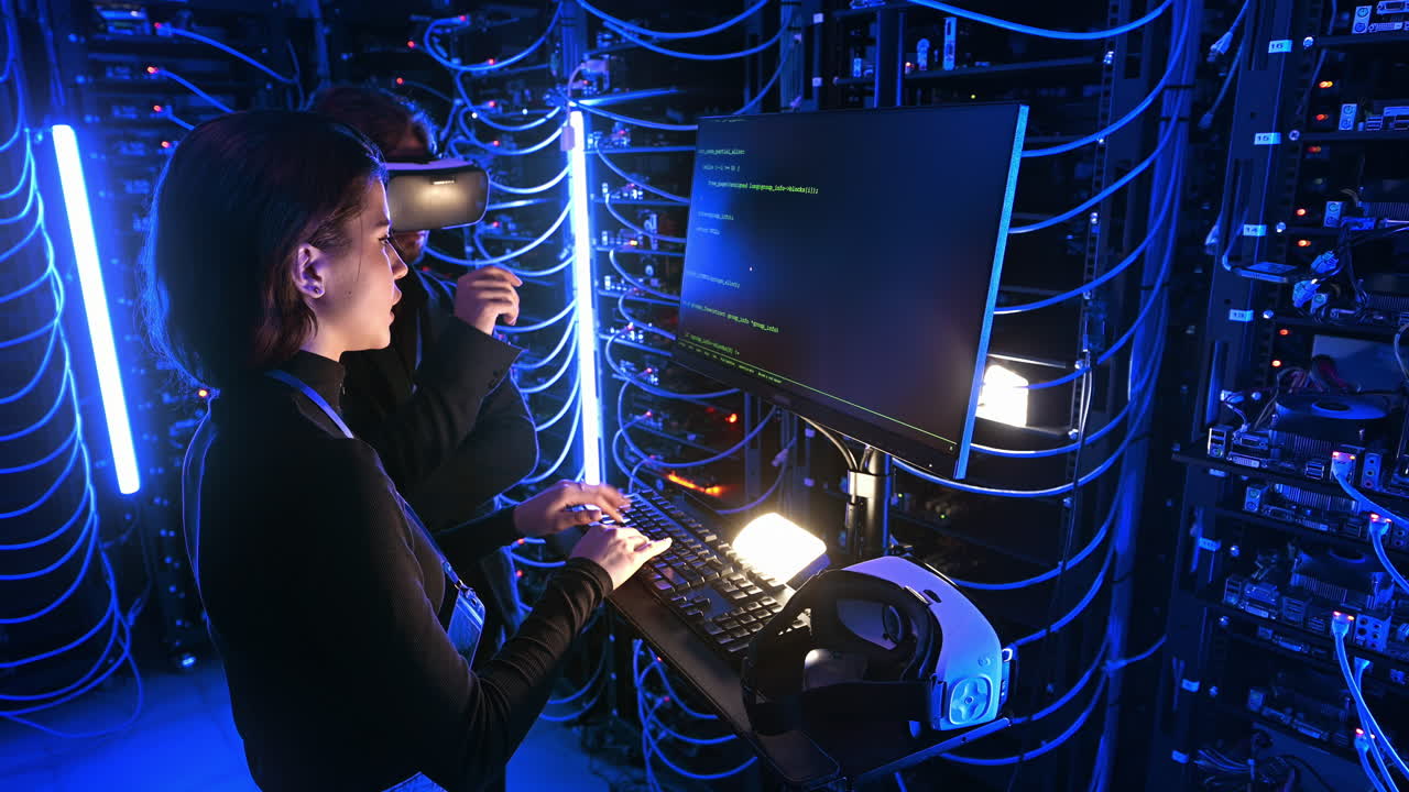 Woman programming in a server room while a man is using a Virtual Reality headset