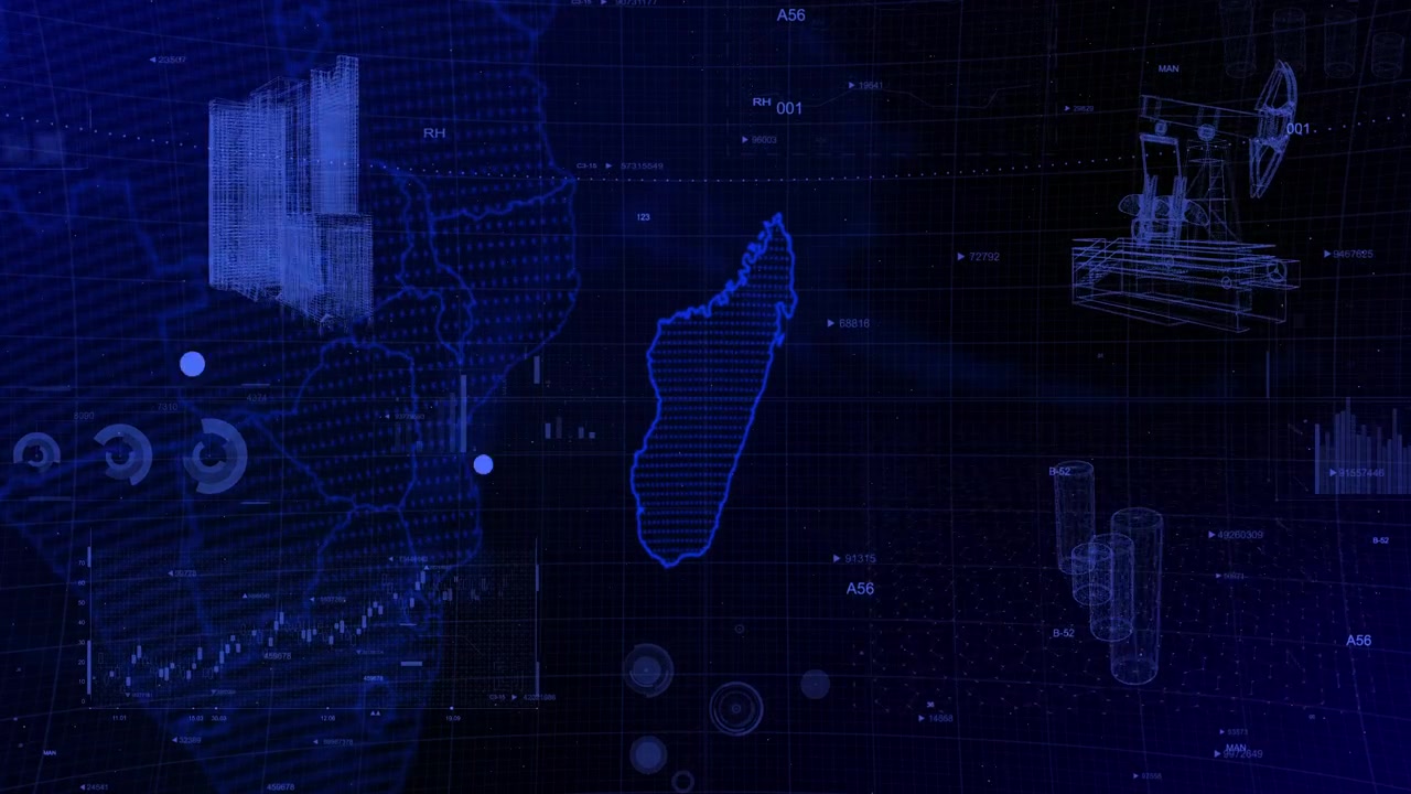 cinematic digital globe rotating video background showcases zooming in on Madagascar country. Data analysis Madagascar Country Charts and Graphs of Growth, Development, Resources, GDP Conceptual