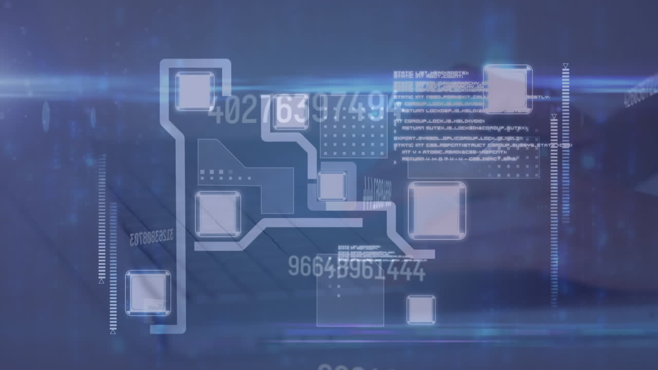 Animation of network of connections and numbers changing over person using laptop